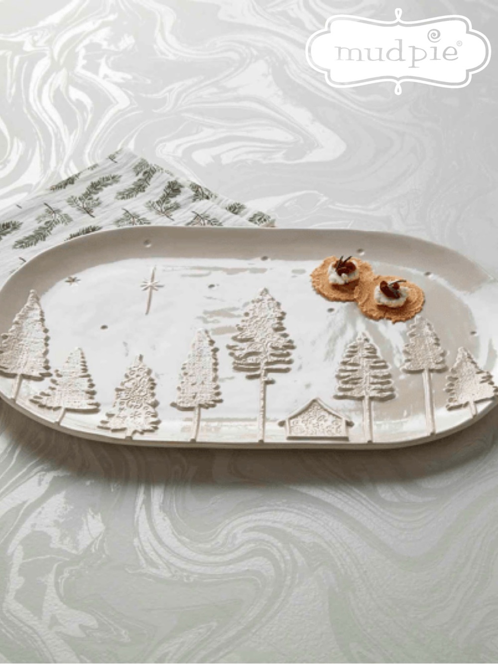 Mud Pie Holiday White Christmas Tree Serving Platter